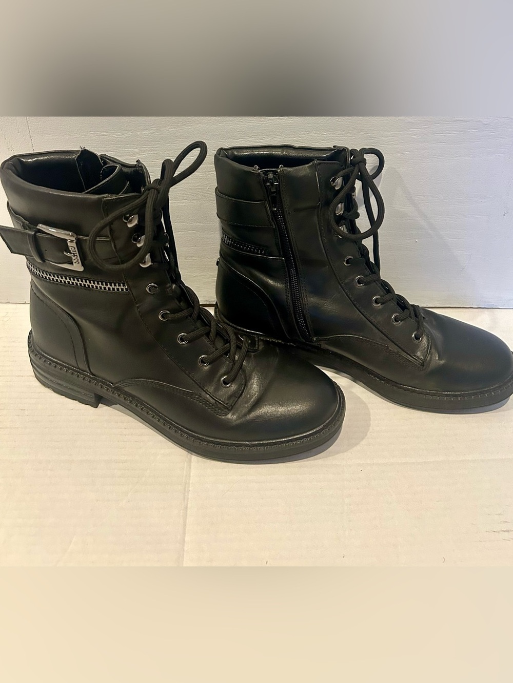 Guess Women's Black Lace-Up Combat Boots with Side Zip Detail
